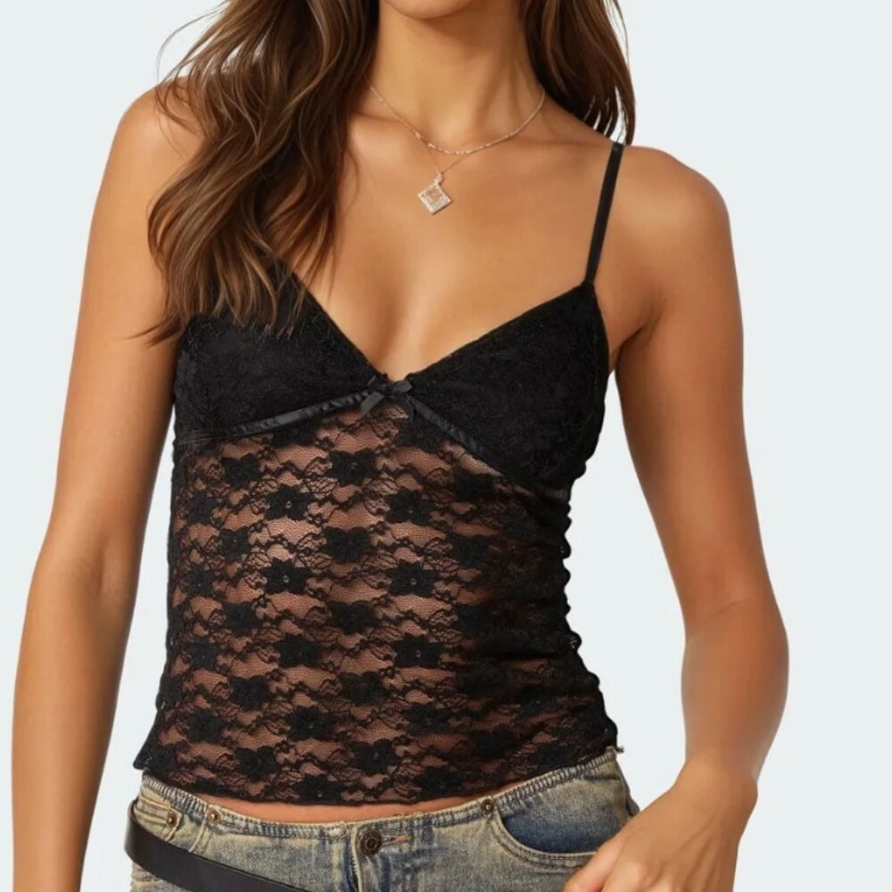 Edikted Black Eira Sheer Lace Tank Top Size M